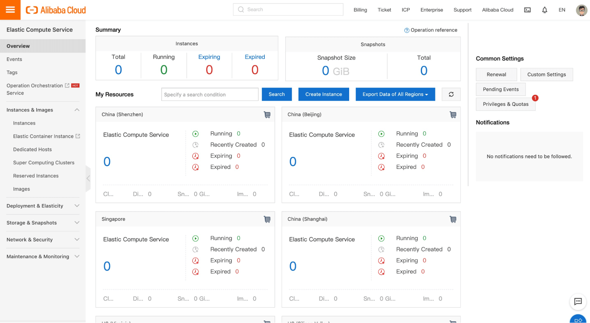 A screenshot of the dashboard for Alibaba Cloud