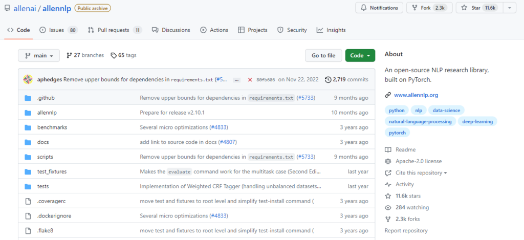 AllenNLP library screenshot