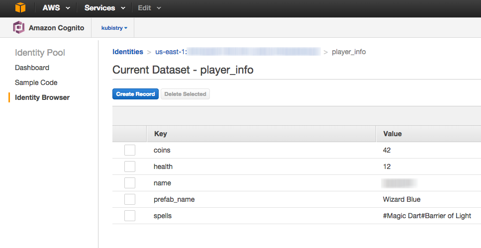 Amazon Cognito identity browser view