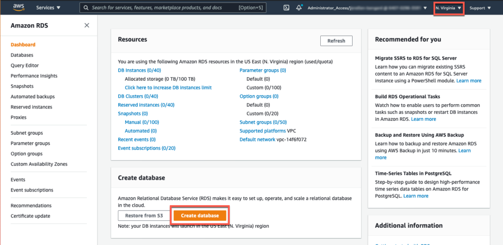 A photo of the main dashboard for Amazon RDS.