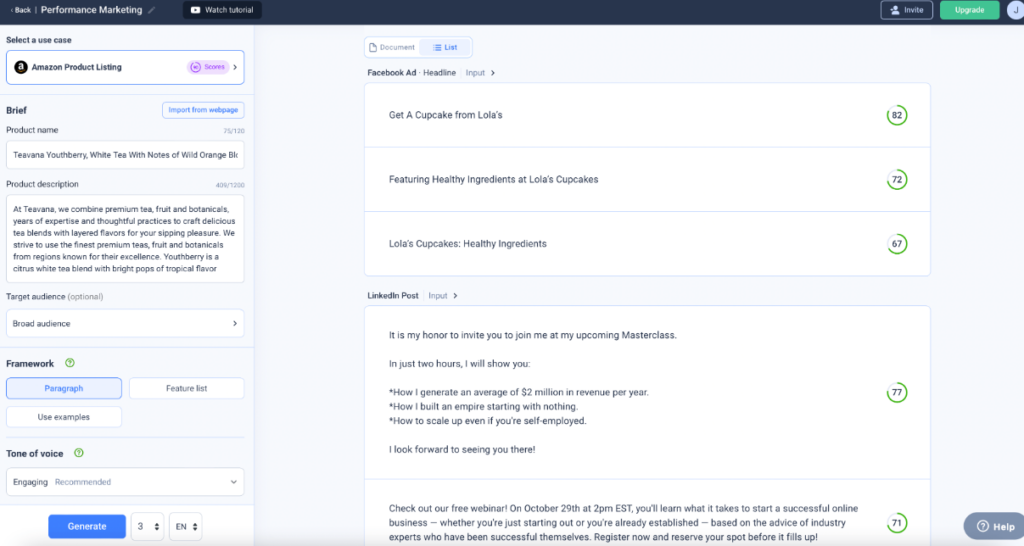 Anyword NLP software's performance marketing feature
