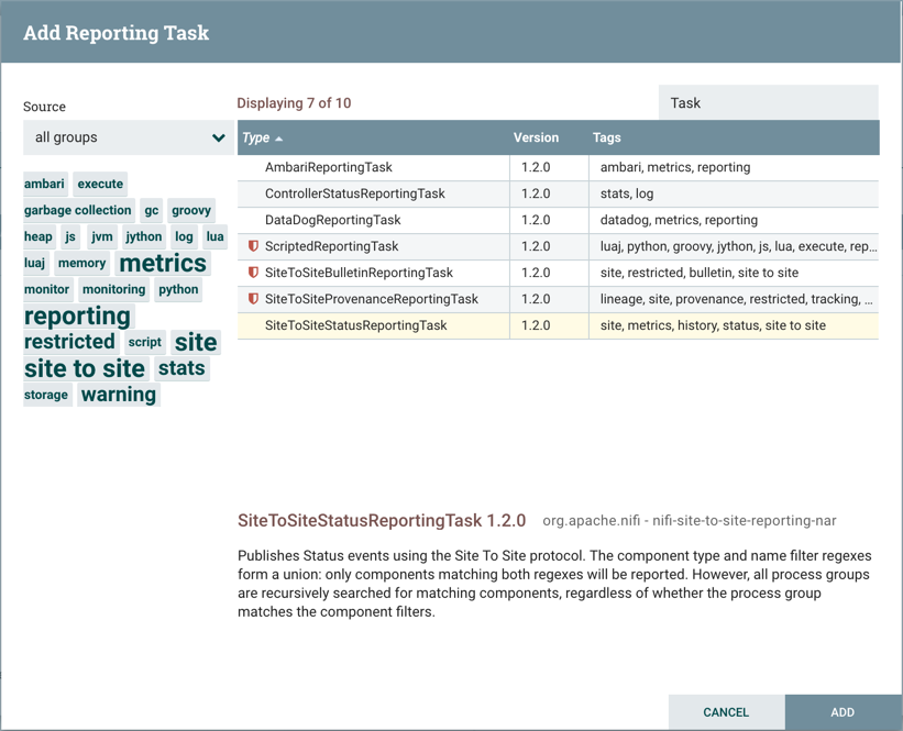 A screenshot of the reporting task tab in Apache NiFi
