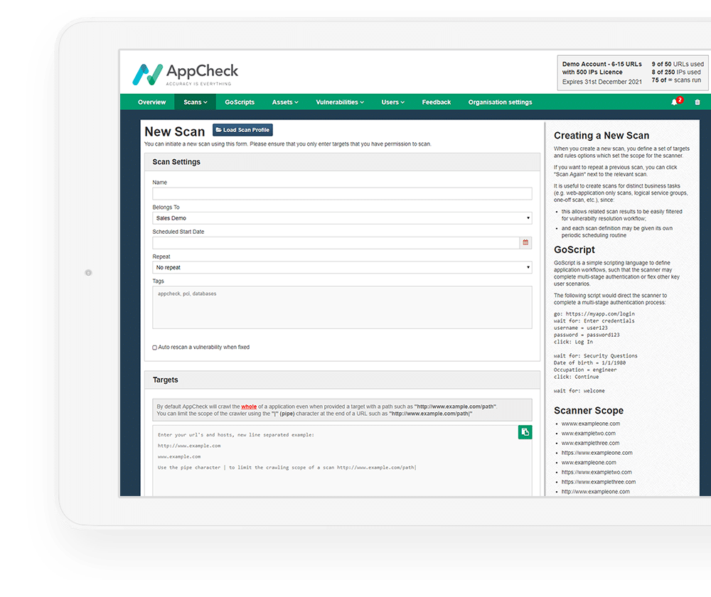 A photo focused on the new scan configuration of the tool AppCheck.