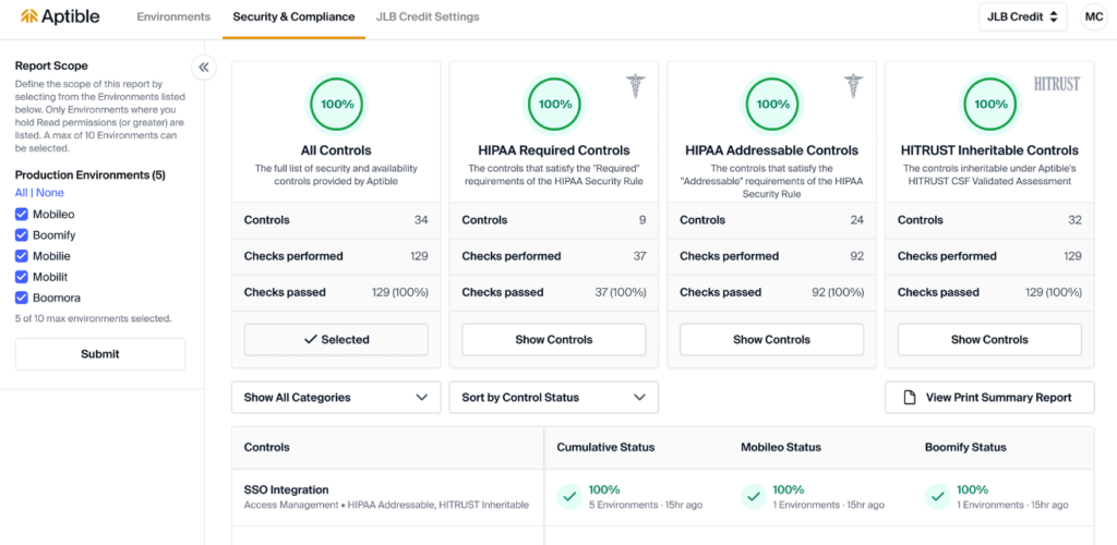 Aptible cloud PaaS security and compliance dashboard