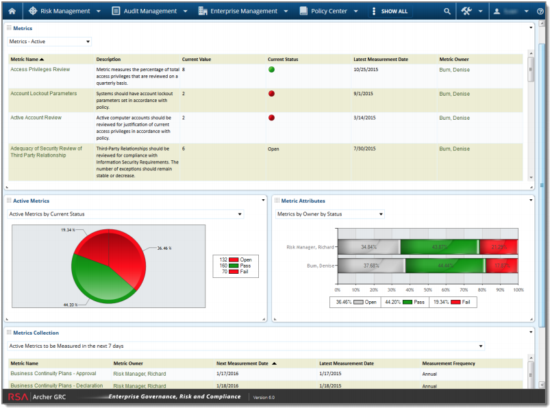 Archer security risk assessment tool metrics screenshot