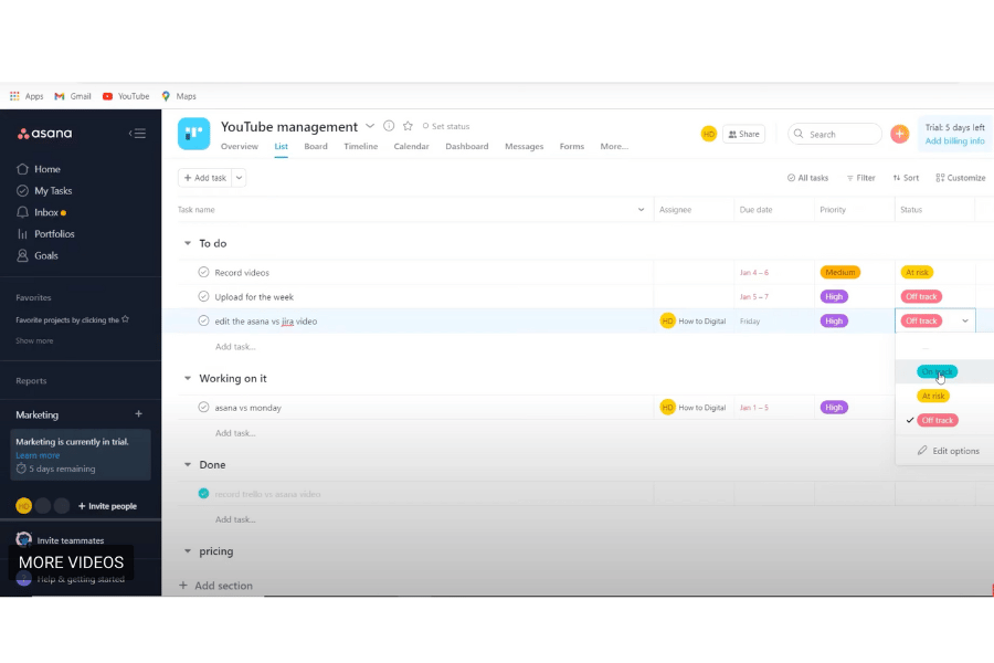 Asana dashboard as a Jira alternative