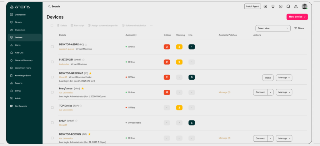 Atera monitoring tools main dashboard