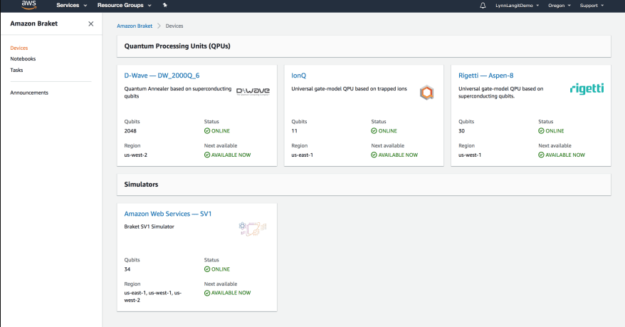 AWS Braket quantum processing units dashboard