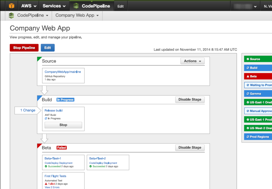 CodePipeline tab of AWS continuous integration tool