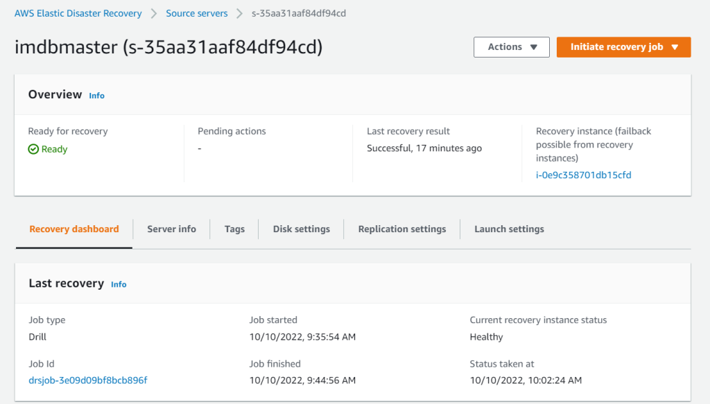 A screenshot that displays the context of the recovery dashboard of AWS Elastic Disaster Recovery (EDR).