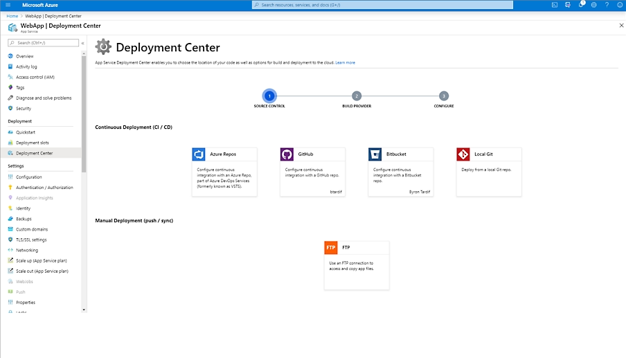 Azure App Service deployment center tab