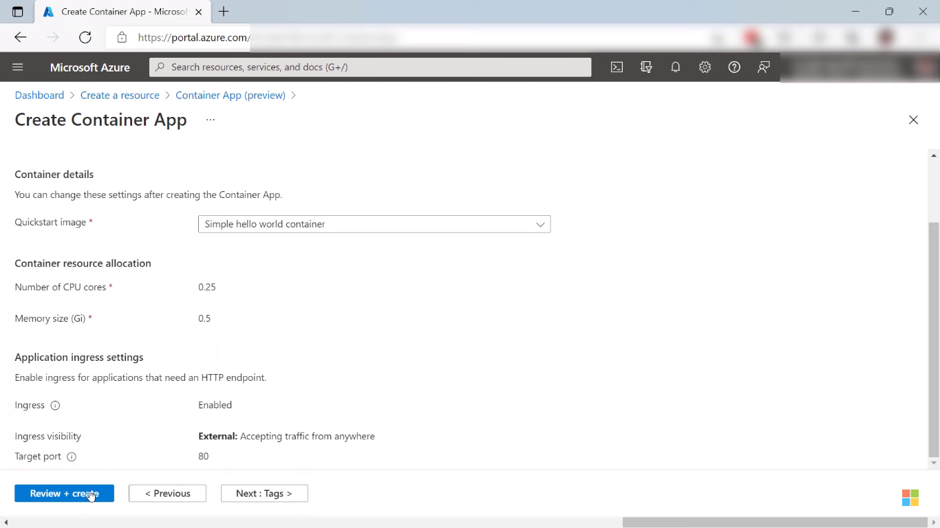 Screenshot of new project setup in Azure Container Apps containerization software