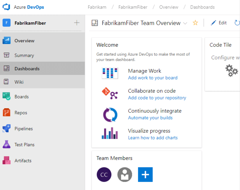 Code review tool Azure DevOps dashboard