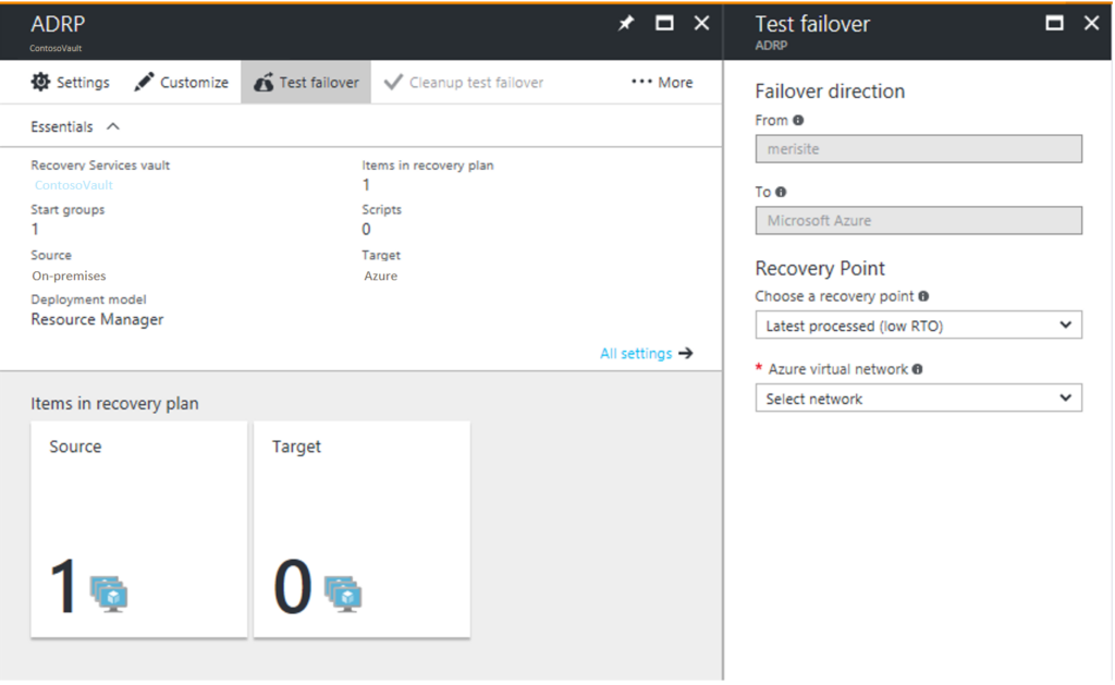 A screenshot that dsiplays the process for running a test failover in Azure Site Recovery.