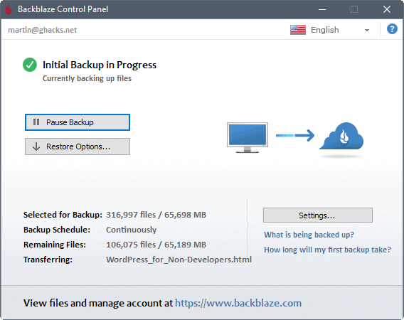 A photo of the initial backup progress for Backblaze.