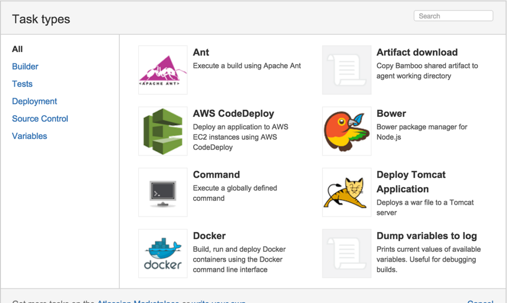 Atlassian Bamboo's tech stack task types