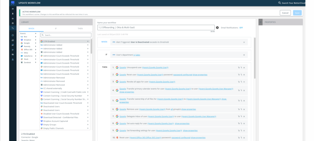 Offboarding workflow within BetterCloud SaaS spend management software
