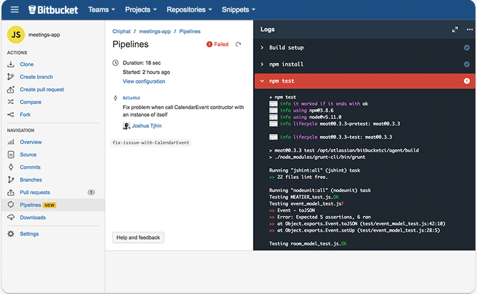 Pipelines dashboard of Bitbucket Pipelines continuous integration tool