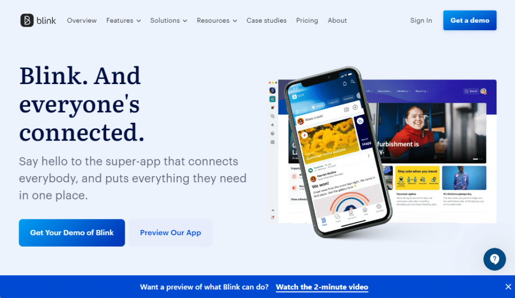 A screenshot of the main page for the website of the tool Blink.