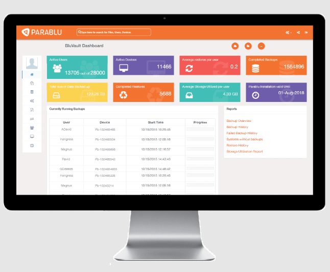 BluVault online backup software sample dashboard