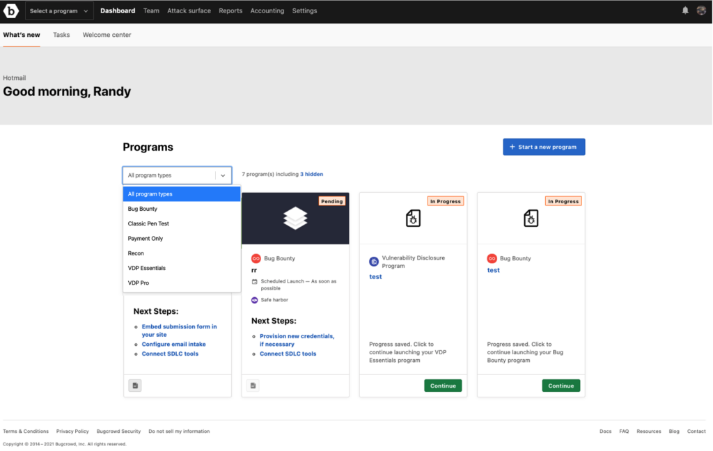 Bucrowd's user dashboard