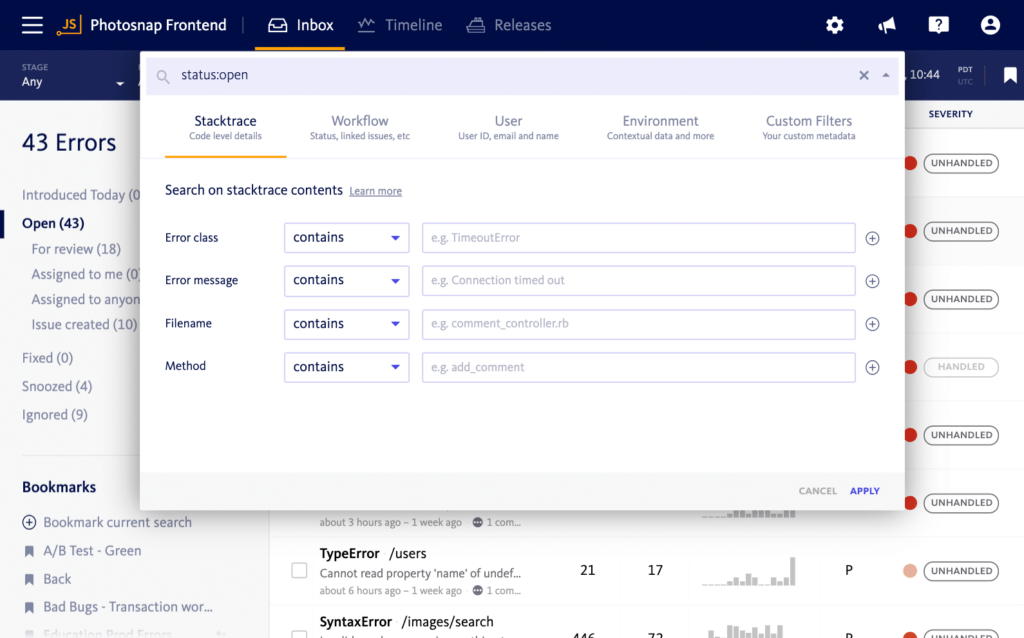 A screenshot focused on the inbox tab of the tool Bugsnag.