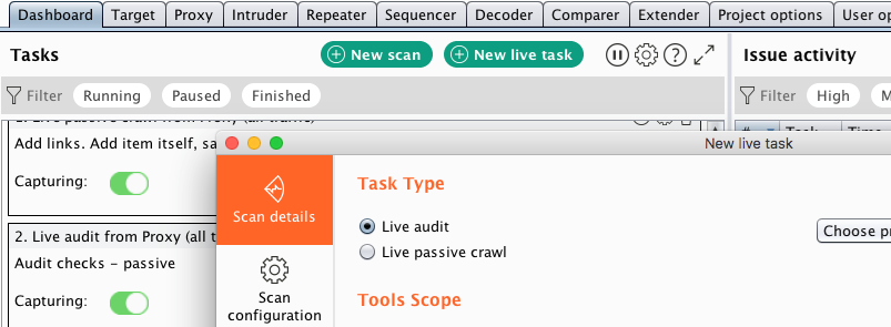 Burp's live task dashboard