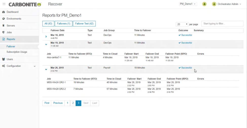 A photo that is focused on the reports tab of the disaster recovery service tool Carbonite Recover.