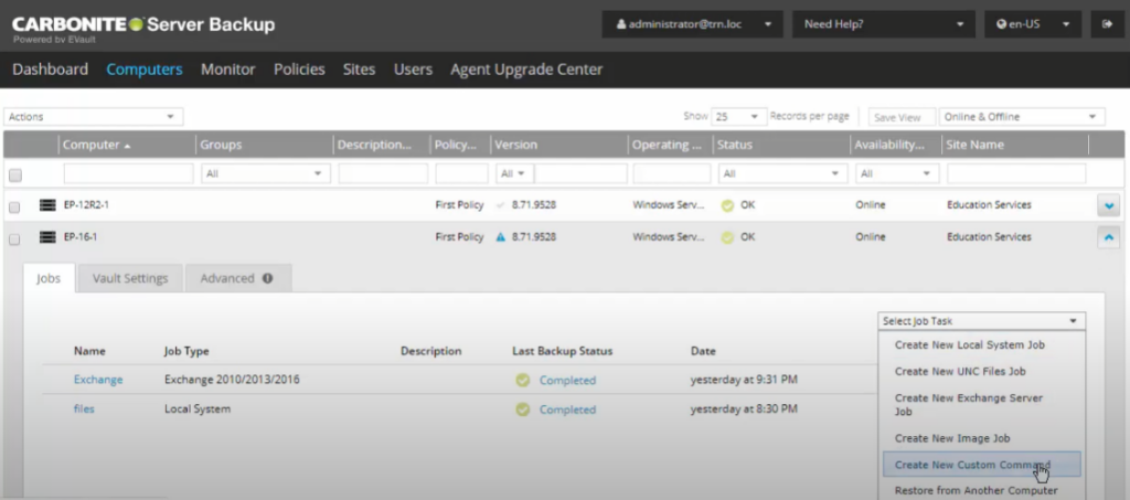 Computers tab of Carbonite Server Backup software