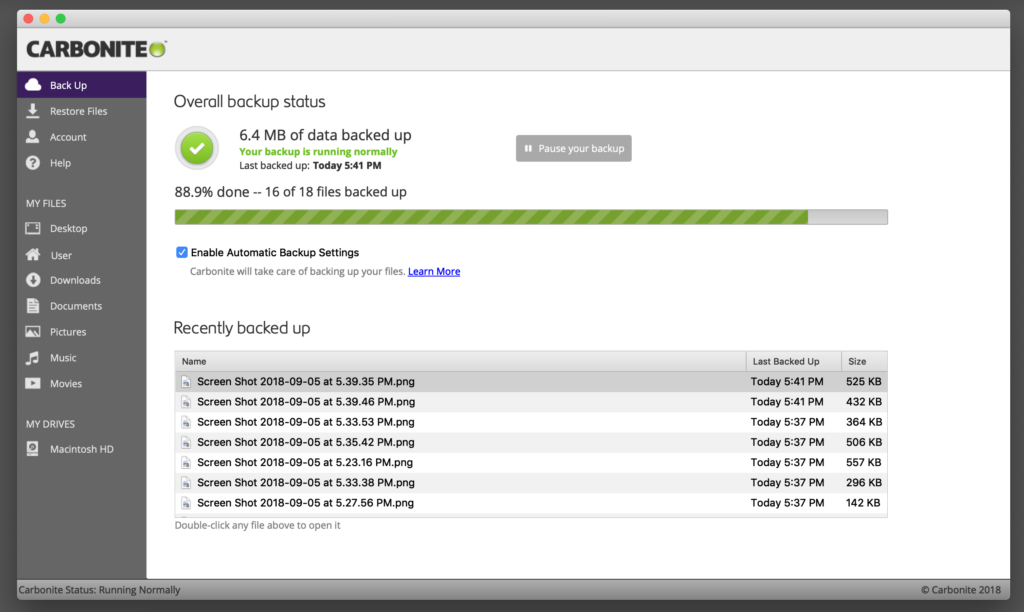 A photo of the overall backup status done in the tool Carbonite.
