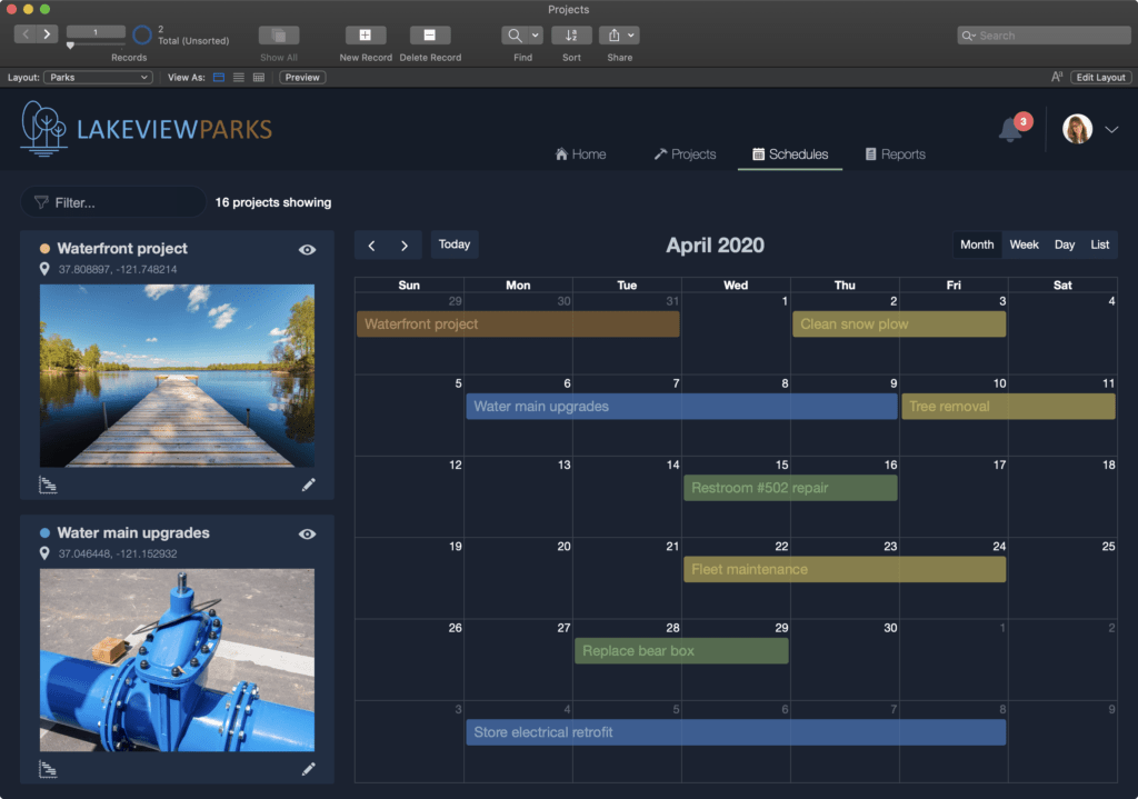 A photo for a sample project done inside the tool Claris FileMaker.