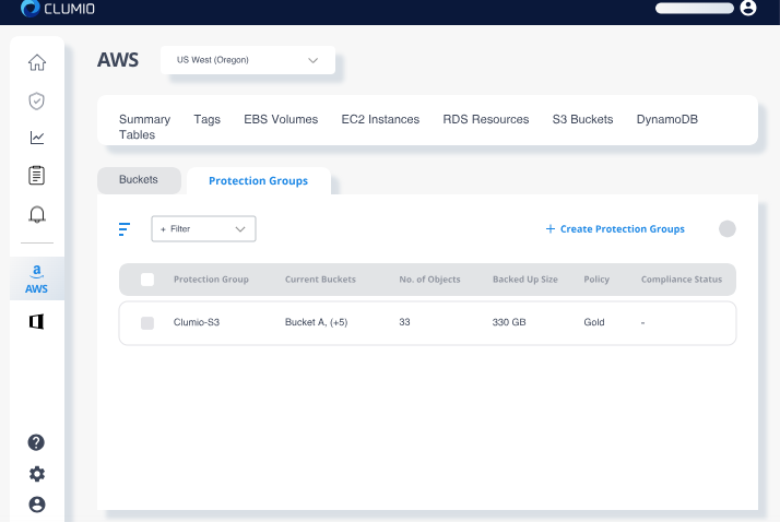 Clumio online backup software's tab that shows you how to create protection groups for Amazon