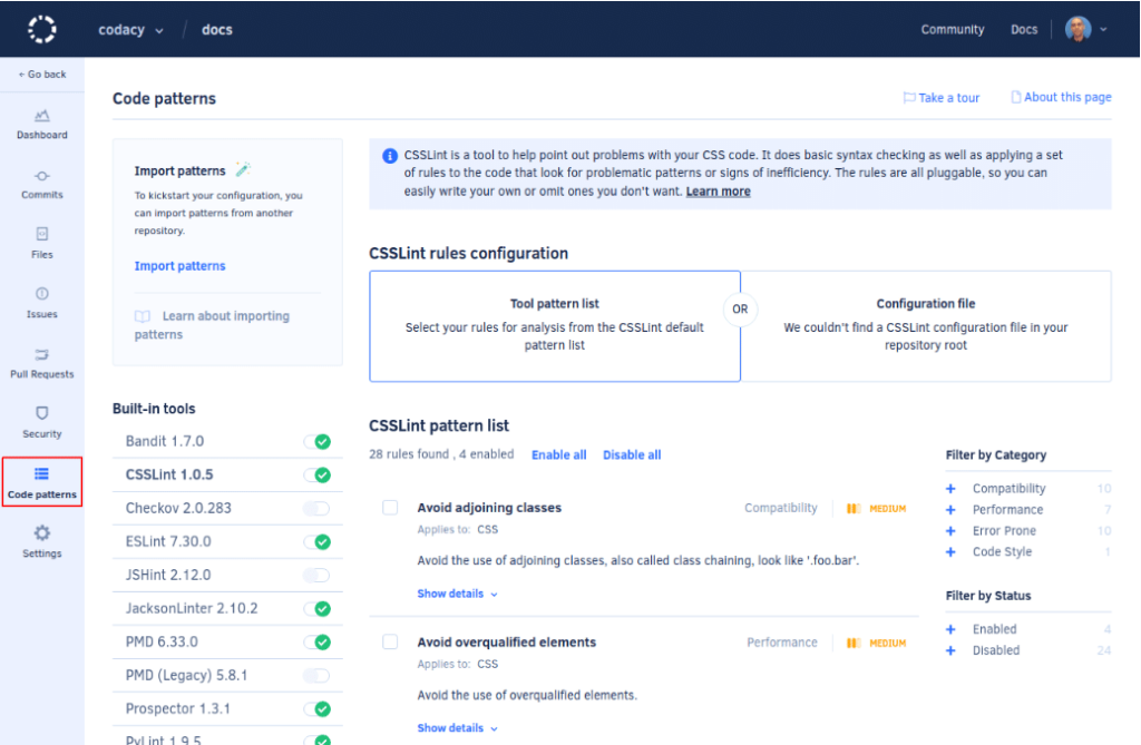Codacy static code analysis tool features
