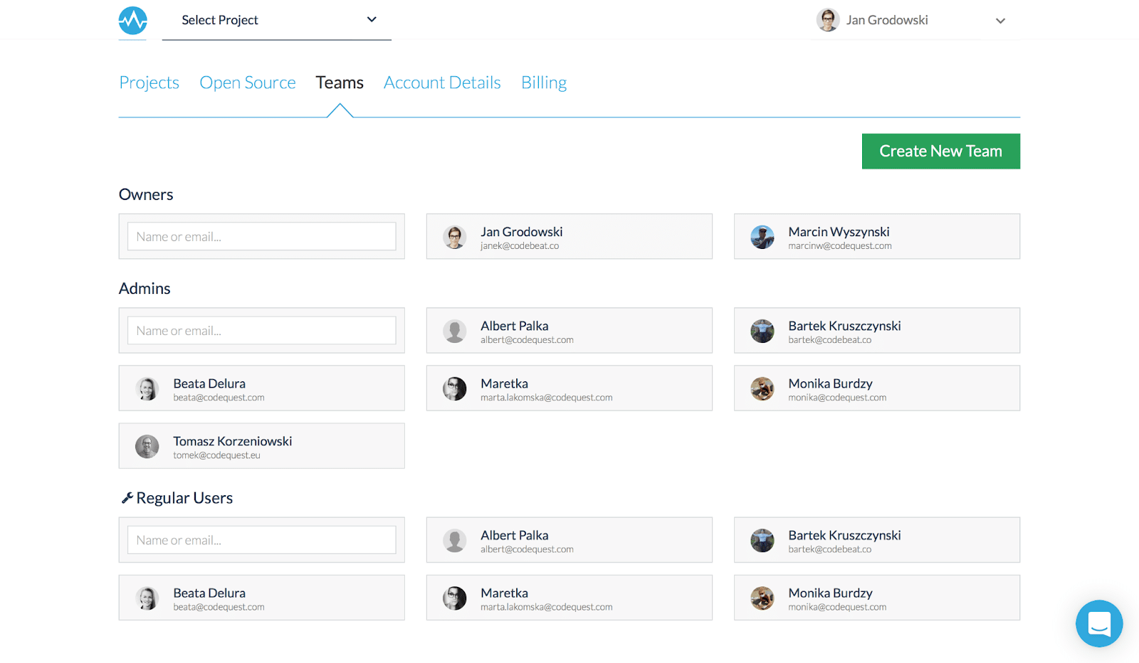 An overview of teams and user roles in code review tool Codebeat