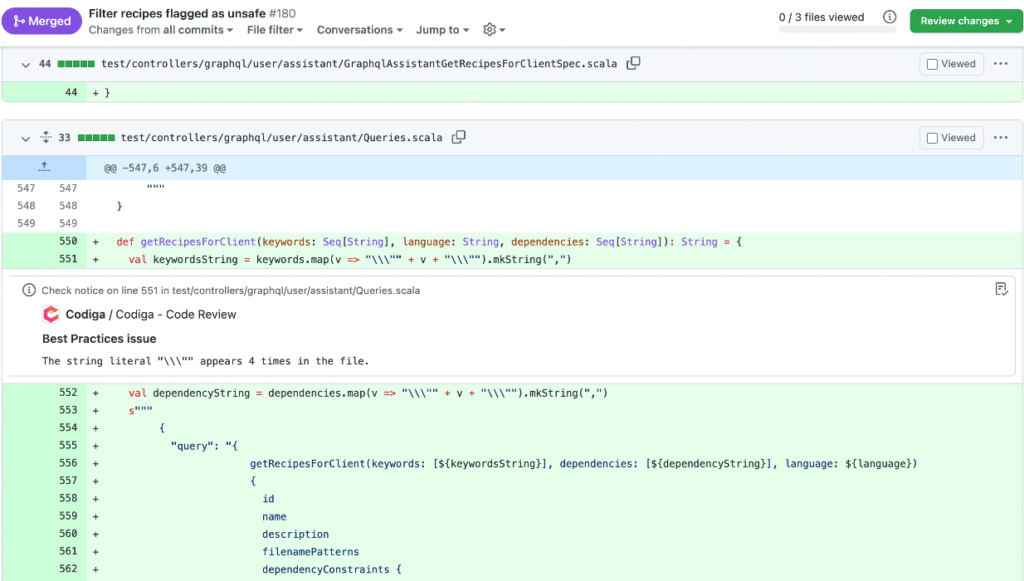 Codiga's flags code errors directly on GitHub