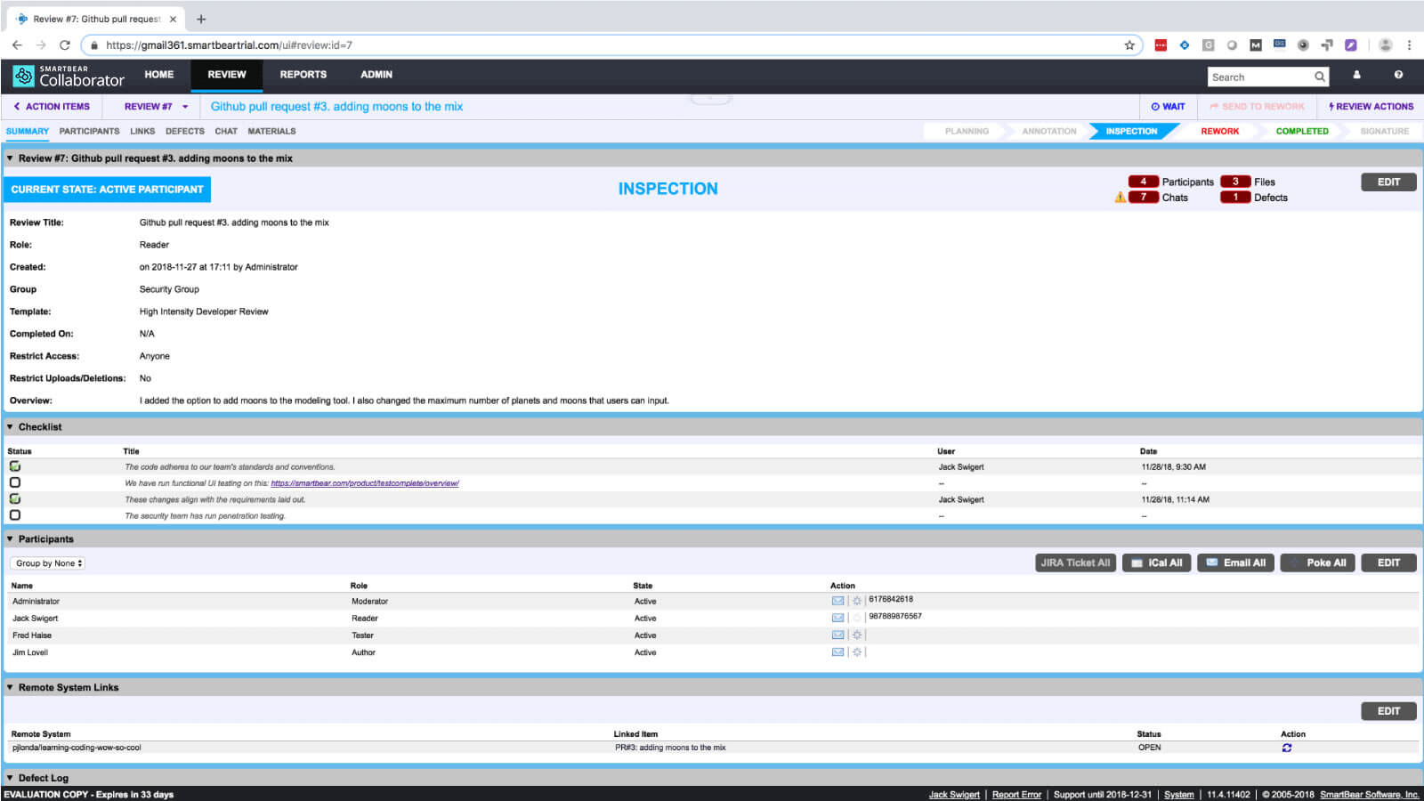 Monitoring an active Collaborator code review session