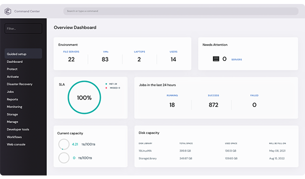 A photo that is focused on the overview dashboard of Commvault, a disaster recovery service.