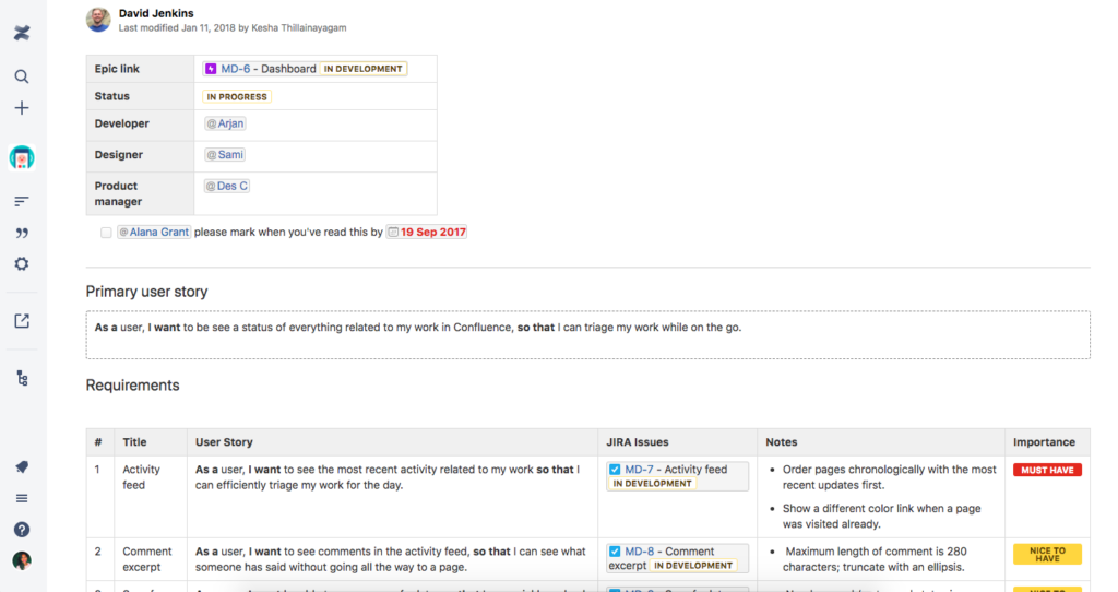 Primary user interface of the tool Confluence