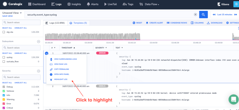 Coralogix highlighting logs preview