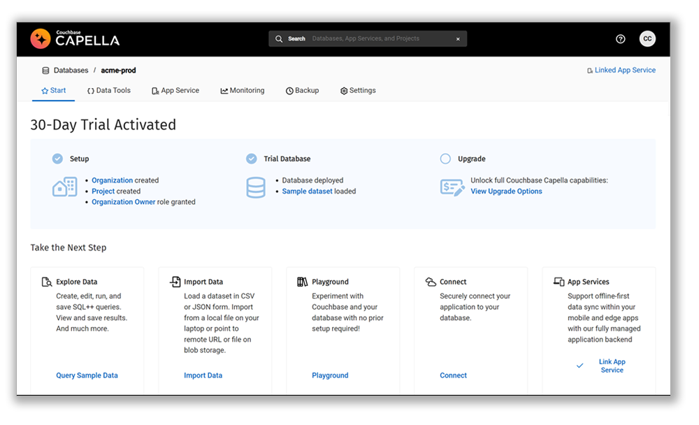 A screenshot for the 30-day trial period activation of Couchbase Capell multi-cloud tool