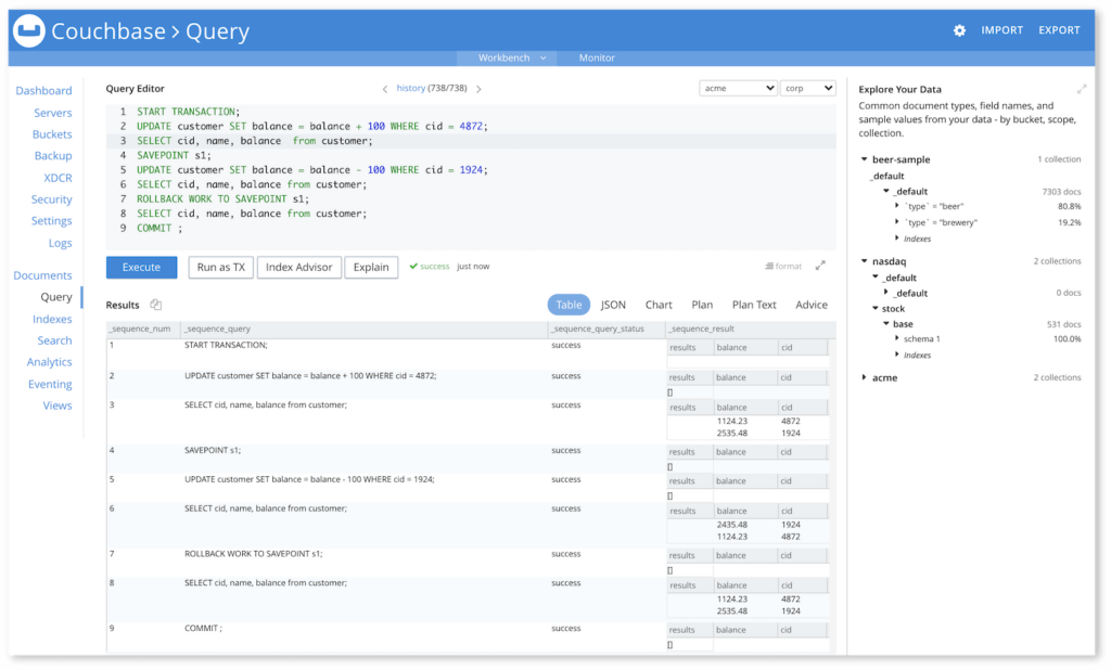 A photo focused on the queries portion of the tool Couchbase.