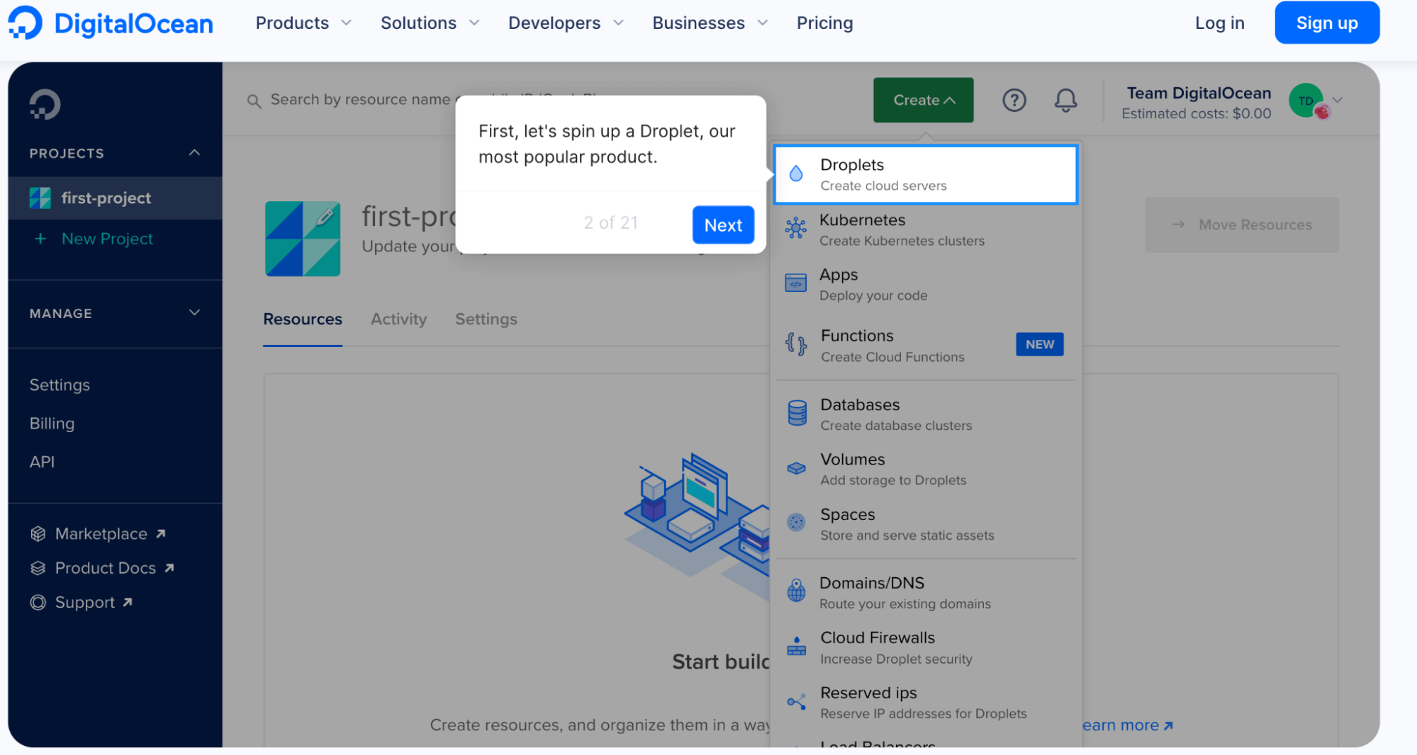 A screenshot of the droplet creation process on the dashboard for Digital Ocean Cloud