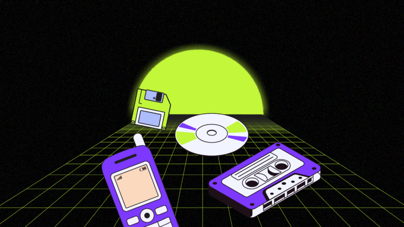 Eco-friendly background with discarded devices in purple and green hues. It Asset Disposition Featured Image