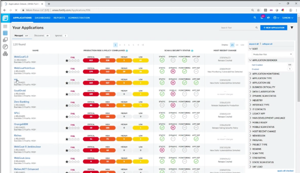 Fortify on-demand application view