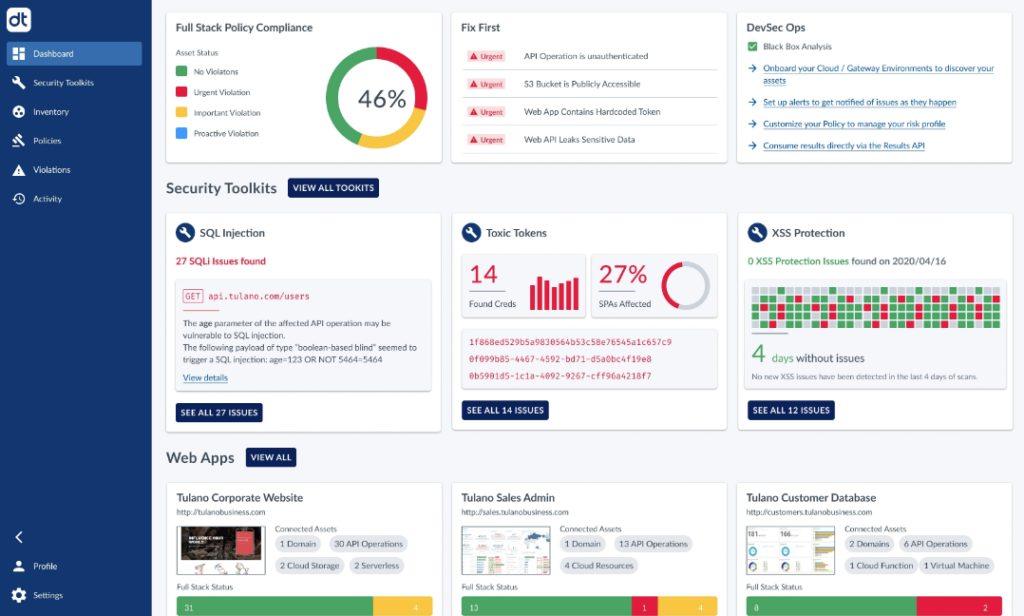Data Theorem full stack security analysis dashboard