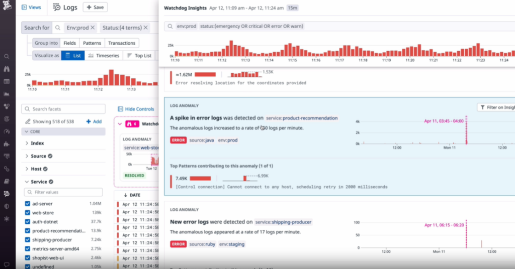 Datadog log monitoring software's log insights