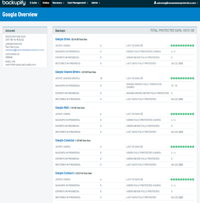 Datto Backupify's Google backup overview