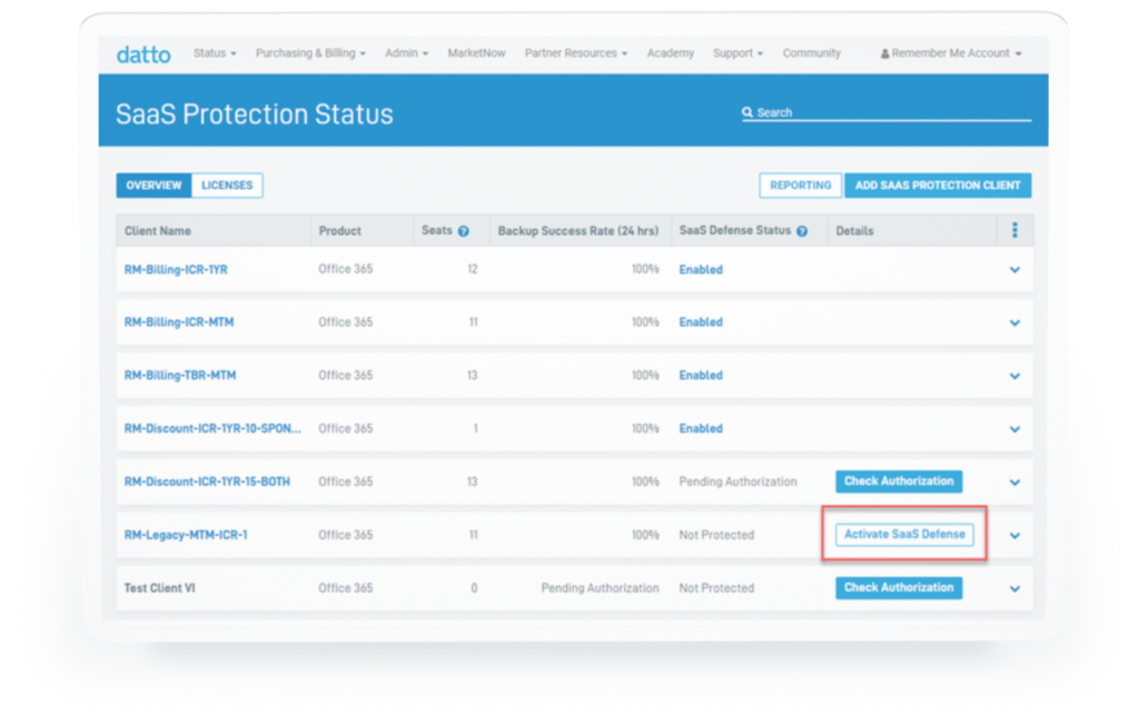 Licenses portion found in Datto SaaS Defense BAS software
