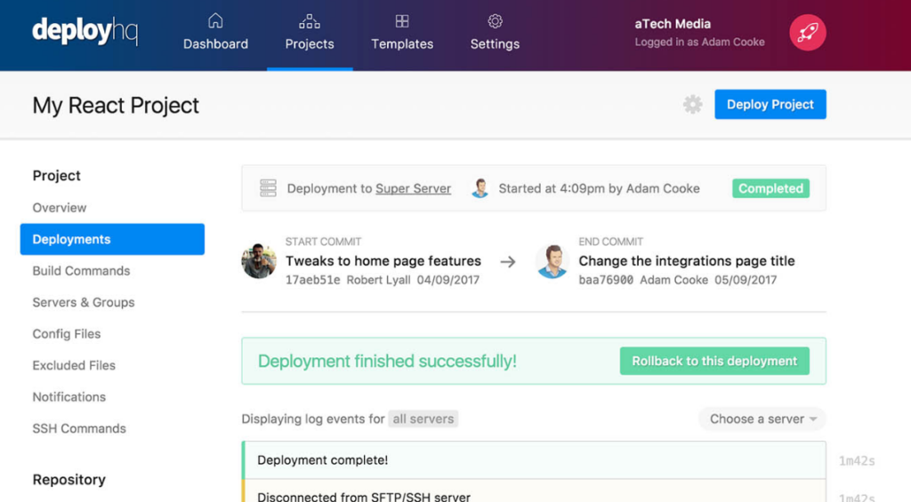 DeployHQ deployments overview