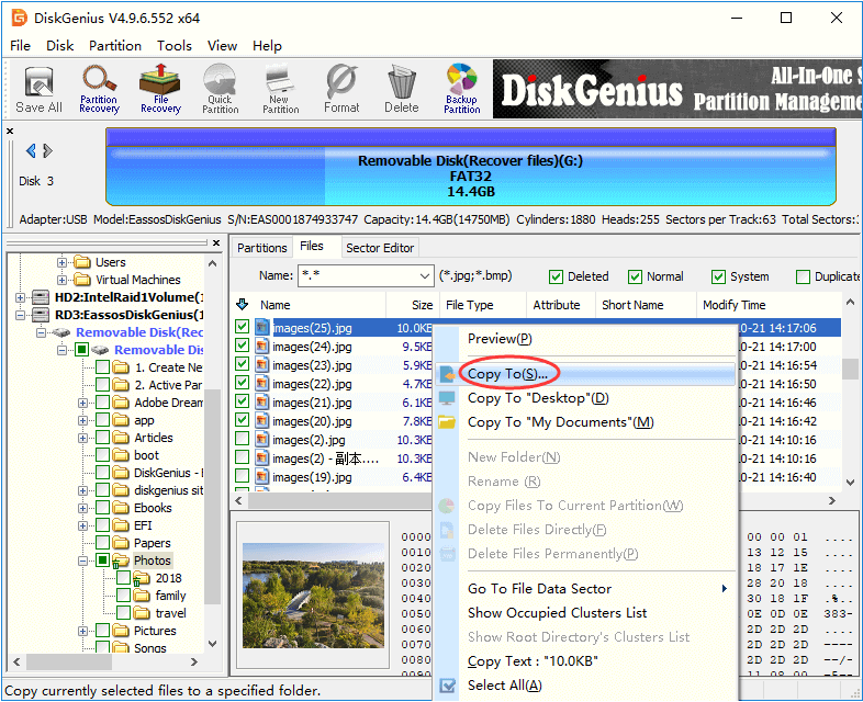 Screen capture from DiskGenius file recovery software where a user selects files and folders they want to recover